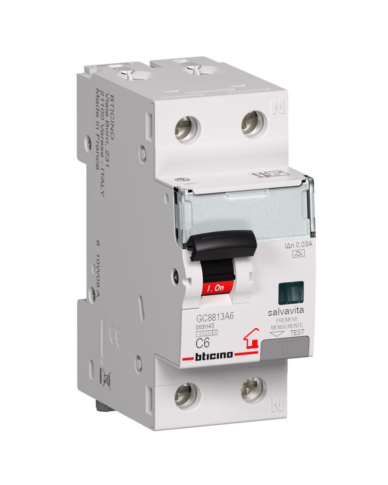 MAGNETOTERMICO DIFFERENZIALE BTDIN-RS  6A 1P+N AC 0,03 4,5 KA BTCINO