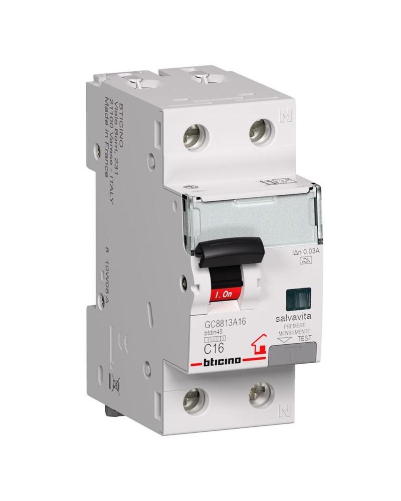MAGNETOTERMICO DIFFERENZIALE  BTDIN-RS  16A 1P+N AC 0,03 4,5 KA BTCINO