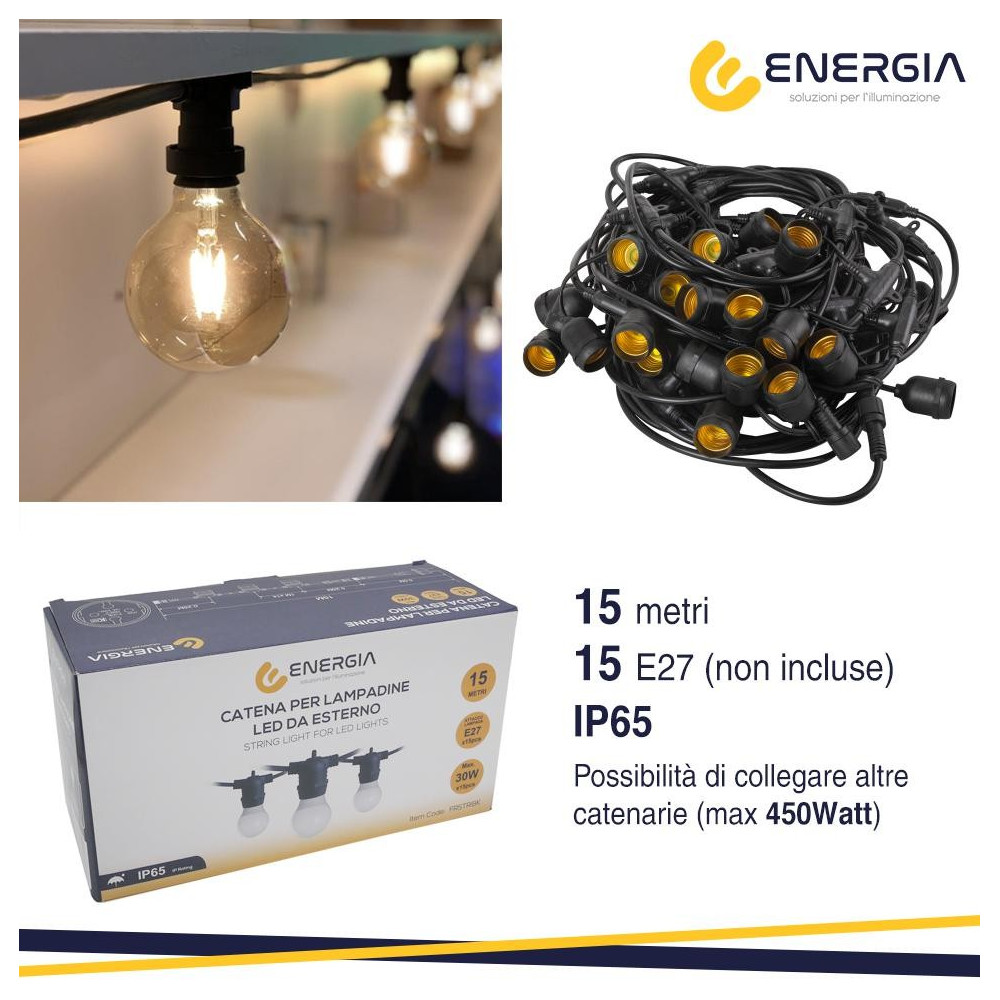 CATENA 15 METRI NERA CON 15 PORTALAMPADE E27