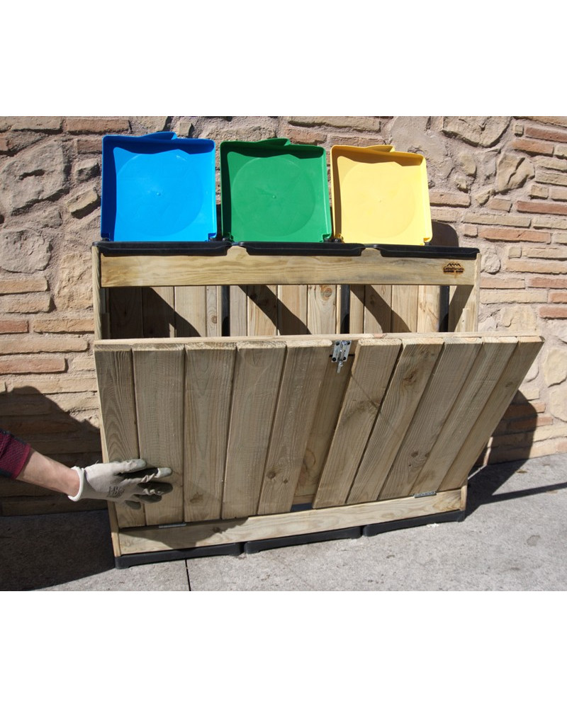 Pattumiera Trio in Legno per Raccolta Differenziata | Cetra Mercato