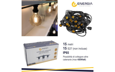 CATENA 15 METRI NERA CON 15 PORTALAMPADE E27