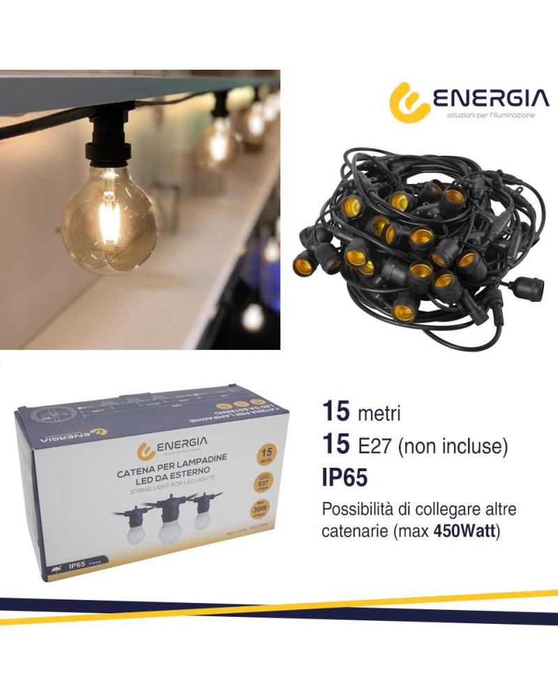 CATENA 15 METRI NERA CON 15 PORTALAMPADE E27