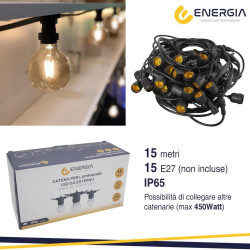 CATENA 15 METRI NERA CON 15 PORTALAMPADE E27